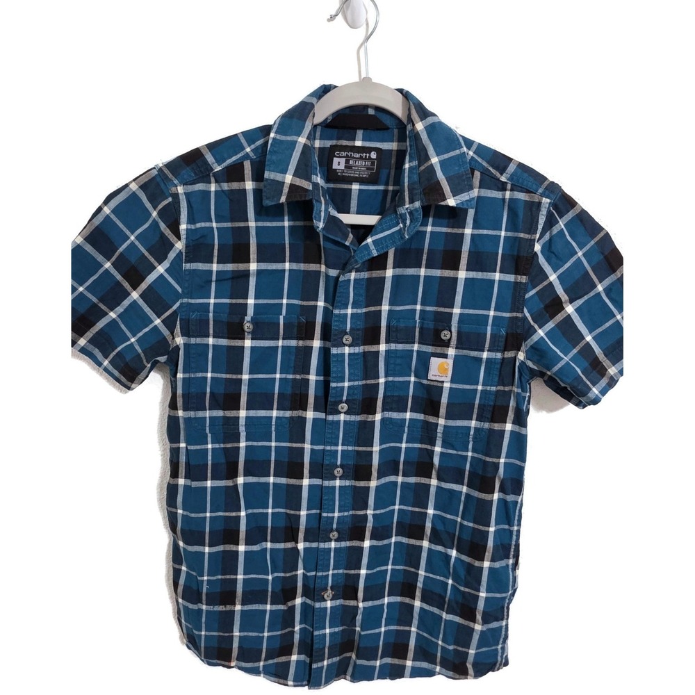 Carhartt Shirt‎ Mens Small Blue Plaid Short Sleeve Button Front Workwear Stretch